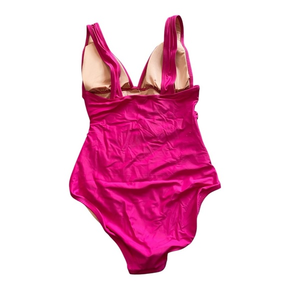 J Crew Fuchsia Hot Pink Ruched V Neck One Piece Swimsuit Bathing Suit NEW - Picture 3 of 11